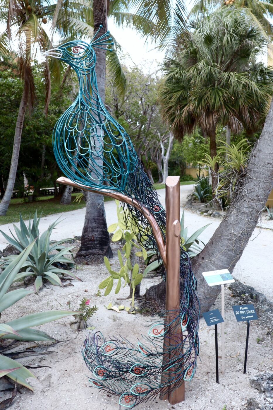 Colorful peacock sculpture resting on a branch in a lush garden, showcasing intricate metalwork design with surrounding greenery and informational signs.