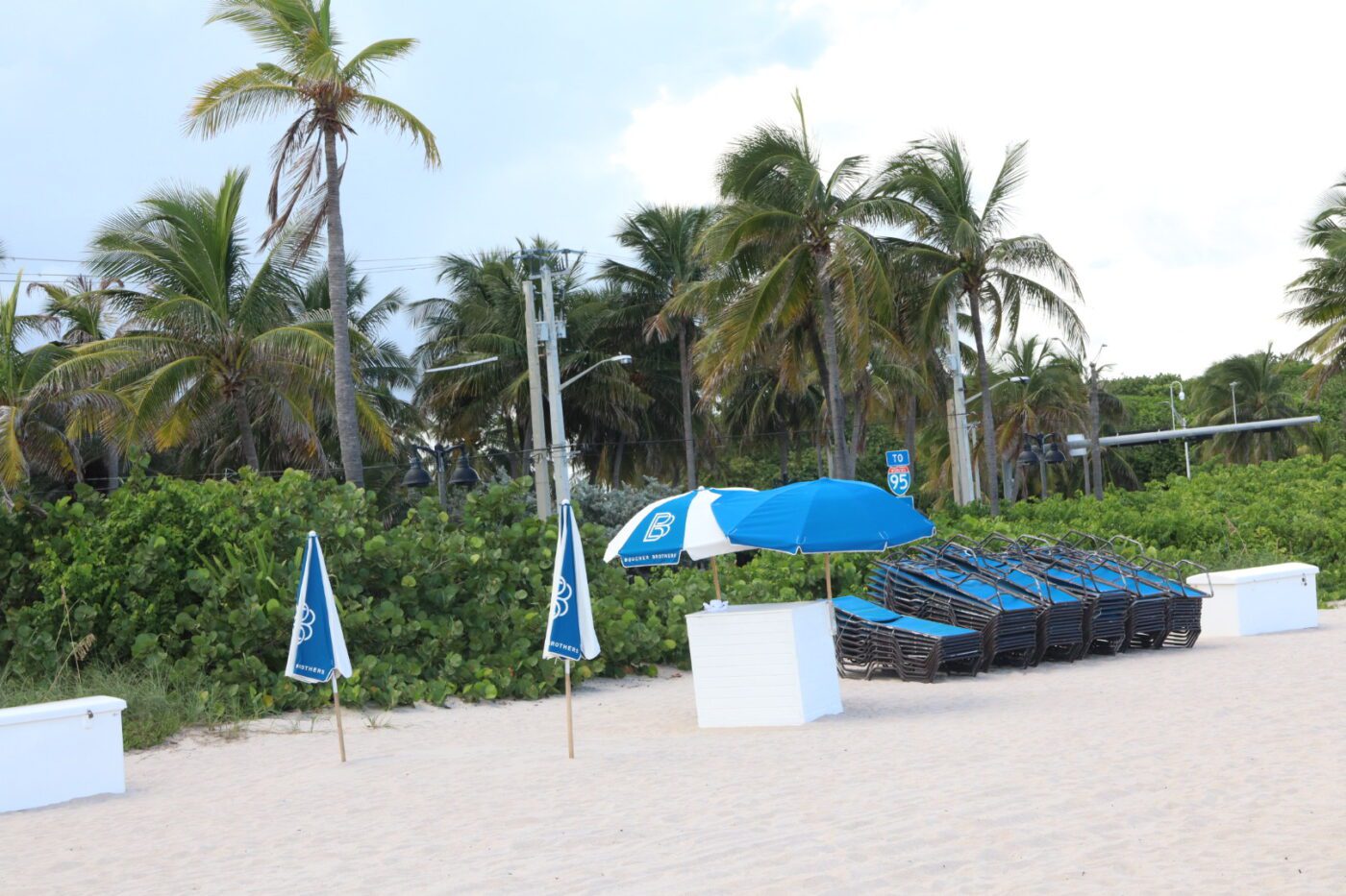 Beach scene featuring blue umbrellas and chairs set against lush greenery and palm trees, suggesting a relaxing coastal getaway.