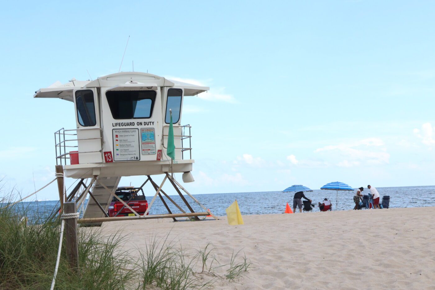 Lifeguard tower labeled "Lifeguard on Duty" by the beach, with beachgoers under blue umbrellas in the background. Promotes beach safety awareness.