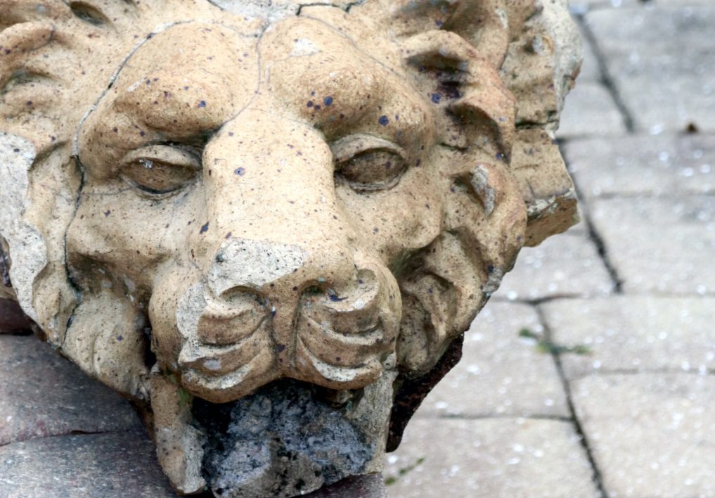 Stone lion head sculpture with detailed features, partially weathered, resting on a stone path. Represents strength and artistry in garden decor.