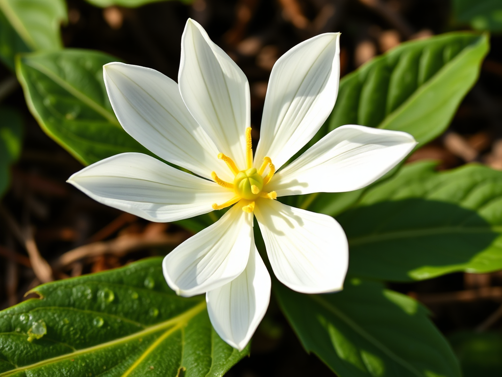 White trillium flower blooms prominently among green leaves, highlighting its six petal structure and yellow center. Ideal for nature enthusiasts.